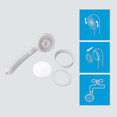 Disassembled High Pressure Handheld Shower Head With On Off Pause Switch and 3 Spray Modes, showing parts and assembly diagram.