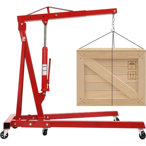 Heavy Duty Garage Workhorse: 2 Ton Hydraulic Engine Hoist With Adjustable 0.5 To 2T Range lifting a wooden crate.