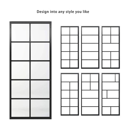 Bypass Double Glass Barn Door Kit with 6.6 ft hardware showing different grid patterns of clear tempered glass panels in aluminum frames.