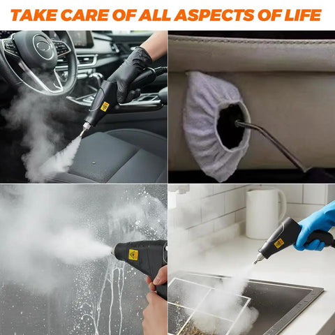 Powerful Handheld Steam Cleaner Featuring A 2500 Watt Motor That Blasts 229 Degrees Of Pressurized Vapor To Rip Through tough grease and dust bunny buildup on vehicle seats.