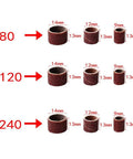 Sanding bands sizes and grits 80, 120, 240 from 186 Piece Sanding Drum Set With 180 Sanding Bands In One Half Inch, Three Eighth Inch And One Quarter Inch Diameters, Grits 80 120 240, Plus 6 Mandrels For Rotary Tools, Aluminum Oxide Cloth Backed Rings For DIYers And Pro Grinders