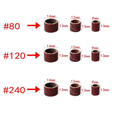 Sanding bands sizes and grits 80, 120, 240 from 186 Piece Sanding Drum Set With 180 Sanding Bands In One Half Inch, Three Eighth Inch And One Quarter Inch Diameters, Grits 80 120 240, Plus 6 Mandrels For Rotary Tools, Aluminum Oxide Cloth Backed Rings For DIYers And Pro Grinders
