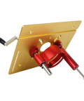 Gonna Nail Every Joint This Hella Stable Manual Router Lift Table Kit With Heavy Duty Aluminum Base Plate for DIY woodworkers, showing gold base and red adjustment mechanism.
