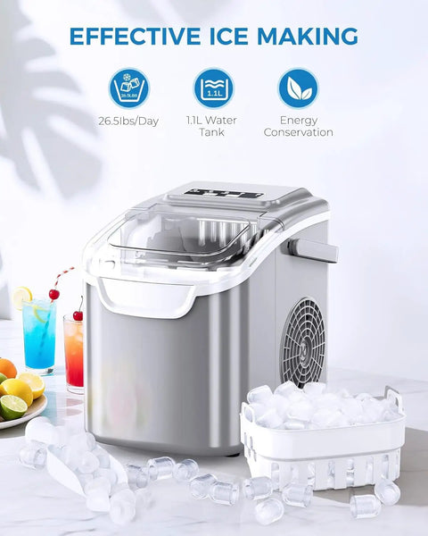 Countertop Ice Maker With Handle Portable Self Cleaning Ice Machine 26 Lbs Per Day 8 Cubes Ready In About 6 Minutes Great For Home Kitchen Bar Party Grey next to ice basket