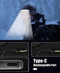 GoBeam 230 Degree Wide Beam LED Headlamp illuminating snowy scene with Type-C charging port details, pack of 2 rechargeable lights
