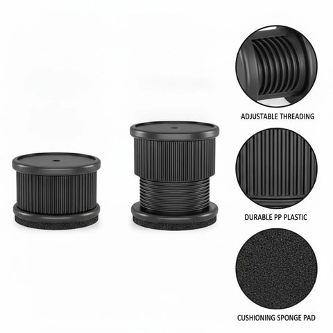 Sturdy Leveling Feet For Cabinets And Appliances With Sponge Pad Base And Adjustable Height, Heavy Duty PP Plastic Foot For Uneven Floors, Adhesive Or Screw Mount, Reduces Wobble And Noise, 4 Pack shown with adjustable threading and sponge pad.