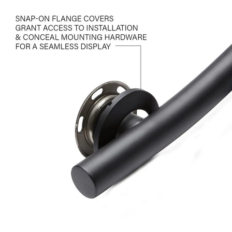Close-up of 18 Inch Designer Wave Shower Grab Bar in Matte Black showing snap-on flange cover and mounting hardware.