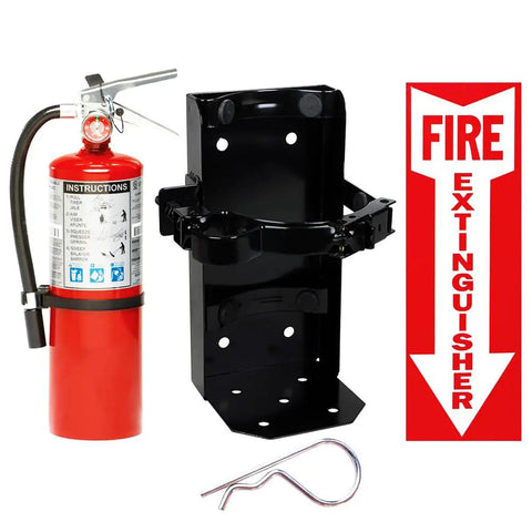 Tough As Nails 2 Pack 5 LB ABC Fire Extinguisher With Heavy Duty Wall Brackets And Bright Signage, 16-inch canister and mounting rack.