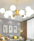Modern Sputnik Chandelier Pendant Light With Darn Polished Copper Arms And Soft White Glass Shades Sweet Height Adjustable Design E27 Base Standard Bulbs Top Shelf Illumination For Home in a stylish living room.