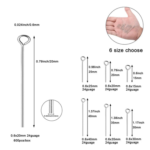 Open Eye Pins for Jewelry Making 304 Stainless Steel 24 Gauge 0.6x20mm Silver 600 Pcs Box Great for Beading Earrings Necklaces Bracelets Dangles Charms and DIY Findings, 6 size chart