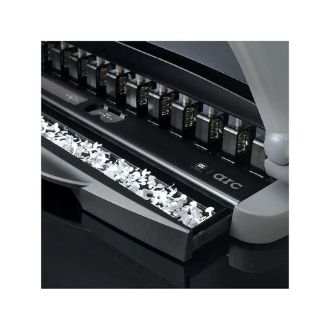 Arc Desktop Paper Punch for Disc Bound Systems 8 Sheet Capacity, black and gray adjustable desktop hole punch close-up