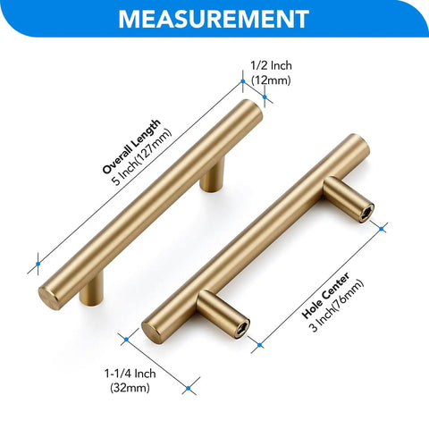 Measurement details for Champagne Bronze Cabinet Handles With 3 Inch Hole Spacing Stainless Steel Drawer Pulls for kitchen use.
