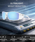 Kickin Up Dust With These Slick Z87 Rated Safety Sunglasses Featuring Polarized Anti Glare Lenses UV400 Protection Hella Comfortable Wraparound Fit For Driving Riding And Outdoor Work In Matte Clear Blue Mirror on a scale.