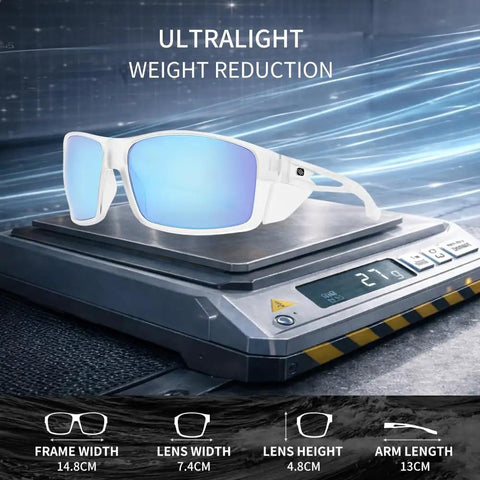 Kickin Up Dust With These Slick Z87 Rated Safety Sunglasses Featuring Polarized Anti Glare Lenses UV400 Protection Hella Comfortable Wraparound Fit For Driving Riding And Outdoor Work In Matte Clear Blue Mirror on a scale.