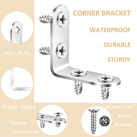 16 Piece L Bracket Set For 90 Degree Right Angle Shelves Stainless Steel Furniture Anchors Waterproof Mounting Fasteners