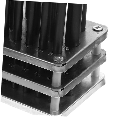 Close-up of Essential Cylindrical Punch Set for Woodworking and Metalworking, showing stacked metal plates and punch slots.