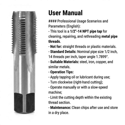 Half Inch 14 NPT Pipe Tap Right Hand Cutting Tool For Cleaning And Rethreading Damaged Threads On Steel Iron And Copper Fittings