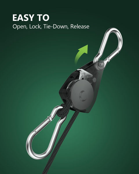 Heavy Duty Adjustable Rope Hanger Set With Ratchet Straps And Pulley Gear shown with carabiner and arrow for easy operation