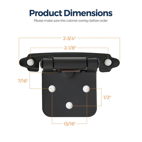 Straight Shooter Matte Black Cabinet Hinges With One Half Inch Full Overlay And Ten Pack Including Screws And Door Bumpers For Dead Quiet Closing On Kitchen Cabinets And Drawers product dimensions with measurements shown.