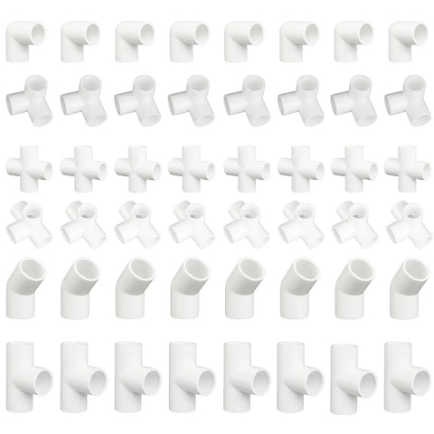 48 Piece 1/2 Inch PVC Pipe Fittings Elbow Set With 3 Way, 4 Way, 45 Degree And 90 Degree Elbows, Tee And Corner Connectors