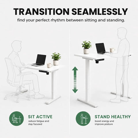 Built Like A Tank 55 Inch White Electric Standing Desk With Height Adjustable Reinforced Frame And Smart Memory Buttons for easy sit-stand transition.