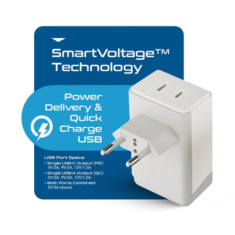 Go To Travel Plug Adapter With USB C And USB Ports, Two USA Sockets, Fast Charging PD QC 3.0, Type C Outlet Adaptor Charger For Spain France Germany Greece Turkey Portugal, showing Power Delivery and Quick Charge USB features.