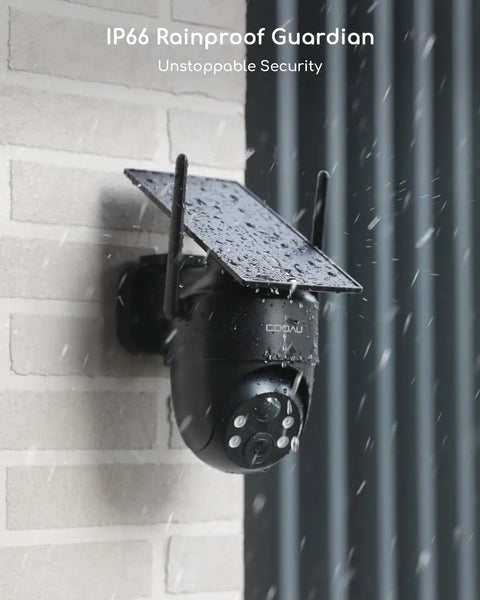 Solar Powered Wireless Outdoor Security Camera With 2K 360 Degree View Color Night Vision AI Smart Detection mounted outdoors.