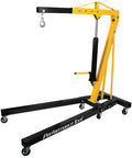 Heavy Duty Rolling Boom Engine Hoist With Two Thousand Pounds Capacity Fold Up Legs And Smooth Swivel Casters on a garage floor.