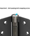 Close-up of matte black 4x4 adjustable spring door hinge with anti-popping screw, self-closing, 5/8 inch radius corner.
