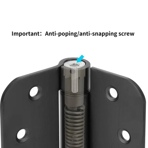 Close-up of matte black 4x4 adjustable spring door hinge with anti-popping screw, self-closing, 5/8 inch radius corner.