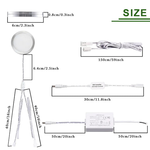 Size dimensions of Linkable Under Cabinet LED Puck Lights 12V Slim Aluminum Dimmable Kit with Wireless Controller.