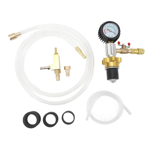 Vacuum Antifreeze Change Fill Kit For Cars Vans SUVs And Trucks Pneumatic Radiator Cooling System, hoses, gauge, fittings, rubber seals.