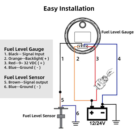 Wiring diagram showing installation of Stainless Steel Fuel Sender Unit for Boats and RVs, Water and Fuel Level Sensor with Gauge.