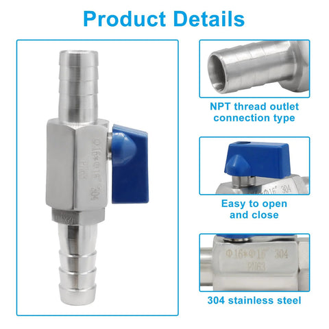 OSVJE 1-pack mini 5/8-inch double-barb ball valve, 304 stainless steel with blue lever
