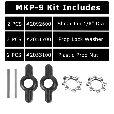 Two Pack Prop Nut Kit Three Eighths Inch MKP-9 For 12V And 24V Minn Kota Trolling Motors Includes Two Prop Nuts, Two Drive Pins, Two Lock Washers, Fits 3-1/4 Inch And 3-5/8 Inch Prop Diameters
