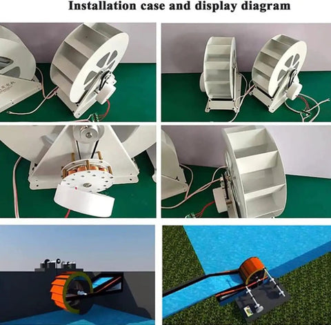 Installation of 100W Hydroelectric Turbine With Quiet Belt Drive for Off Grid Lighting Device Charging in steel construction.