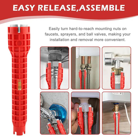 14 In 1 Multi Function Faucet And Sink Installer Tool Red Plumbers Wrench For Toilet And Kitchen Jobs With Universal Type A To D Nut Fit For DIYers And Pros showing easy release feature and use in plumbing