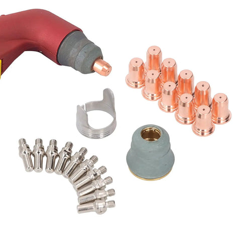 Get Ready For Heavy Duty Cuts With This 22PC Plasma Cutting Consumables Kit featuring brass nozzles, electrodes, and caps for PT 60 torch.