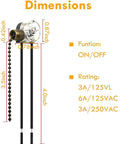 Dimensions of Two-Wire Pull Chain Ceiling Fan Light Switch ZE-109 UL Listed, bronze finish, on-off control, with measurements
