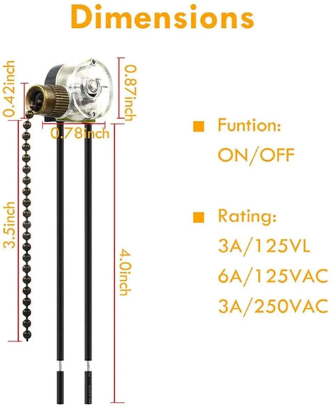 Dimensions of Two-Wire Pull Chain Ceiling Fan Light Switch ZE-109 UL Listed, bronze finish, on-off control, with measurements