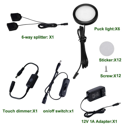 LED Under Cabinet Puck Lights Kit With Touch Dimming, 6 Puck Lights, Touch Dimmer, 12V Adapter, Splitter, Screws, Stickers