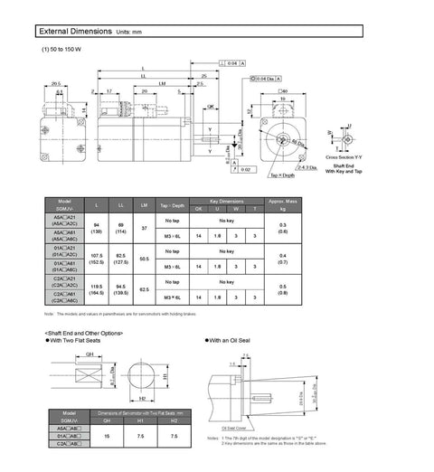 CHUNYE servo motor SGMJV-01A3A6S technical schematic with external dimensions and mounting hole details