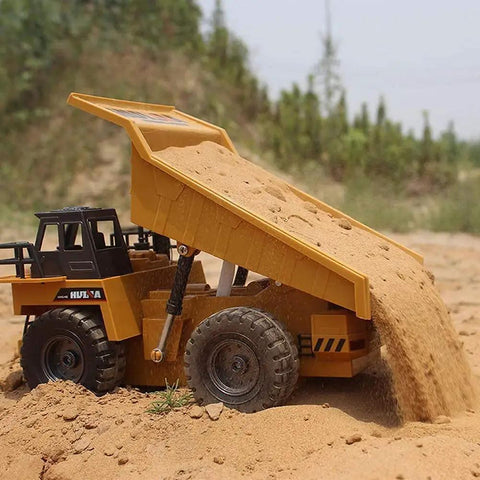 Rad Remote Control Dump Truck Toy 2.4G RC 6 Channel Bulldozer with open bed unloading sand outdoors