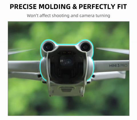 Anti Glare Lens Hood Sunshade For Mini 3 Pro Drone Gear Accessories Gray Protective Cover Guard Camera Protector Non Destructive Flight Safe Lens Shield Pro Grade Build displayed on drone front view.