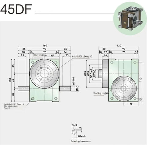 Heavy Duty Bulletproof Solenoid Cam Precision Indexing Plate Reduction Gearbox technical drawing showing dimensions and components.