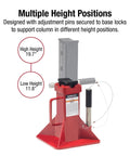 Beefed Up 22 Ton Heavy Duty Jack Stands Pair With Pin Type Height Adjustment, showing height positions for stable vehicle lifts