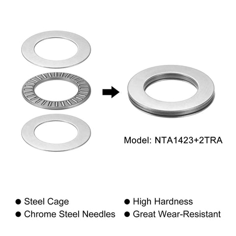 Exploded view of Heavy Duty Thrust Needle Roller Bearings With Washers NTA1423, showing steel cage and chrome steel needles.