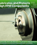 Close-up of high-speed moving vehicle brake disc, demonstrating lubrication by Energy Release G100 High Speed Lithium Grease 16 oz.