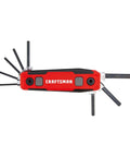 Folding Locking Hex Key Set Eight Piece SAE with red durable composite handle, keys in 90, 135, and 180-degree positions