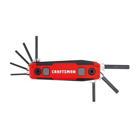 Folding Locking Hex Key Set Eight Piece SAE with red durable composite handle, keys in 90, 135, and 180-degree positions